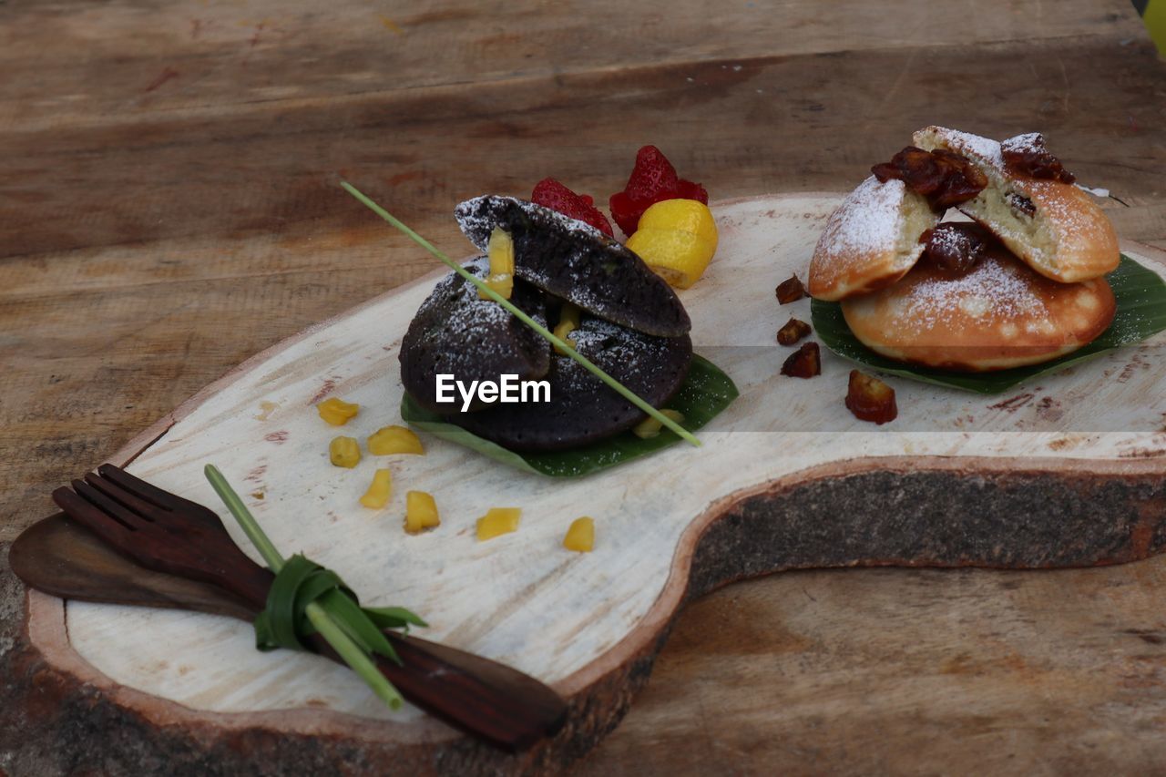 High angle view of dessert served on table