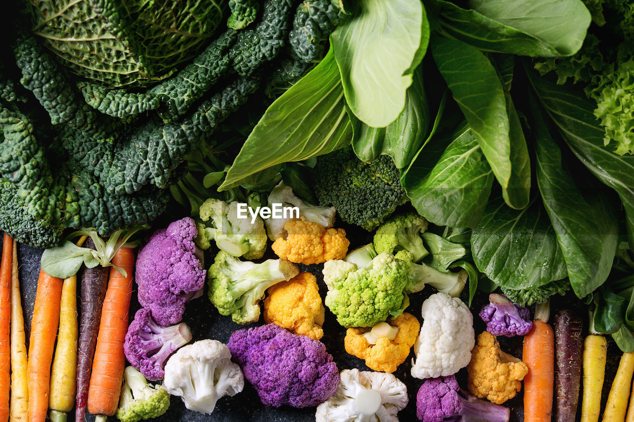 HIGH ANGLE VIEW OF MULTI COLORED VEGETABLES ON DISPLAY