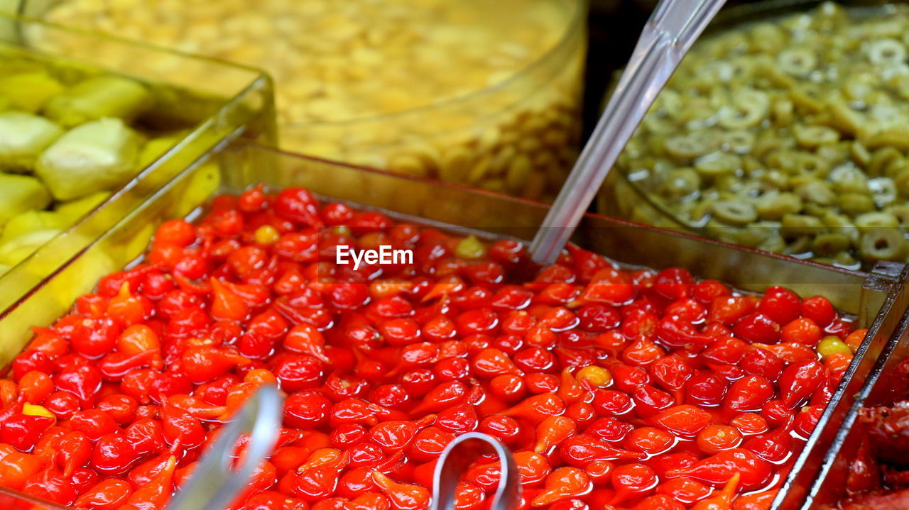 High angle view of peppers for sale in market