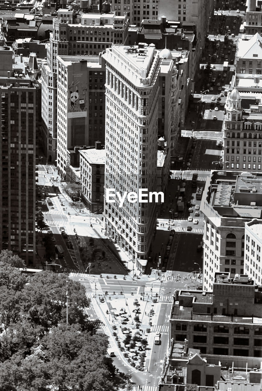 High angle view of street amidst buildings in city