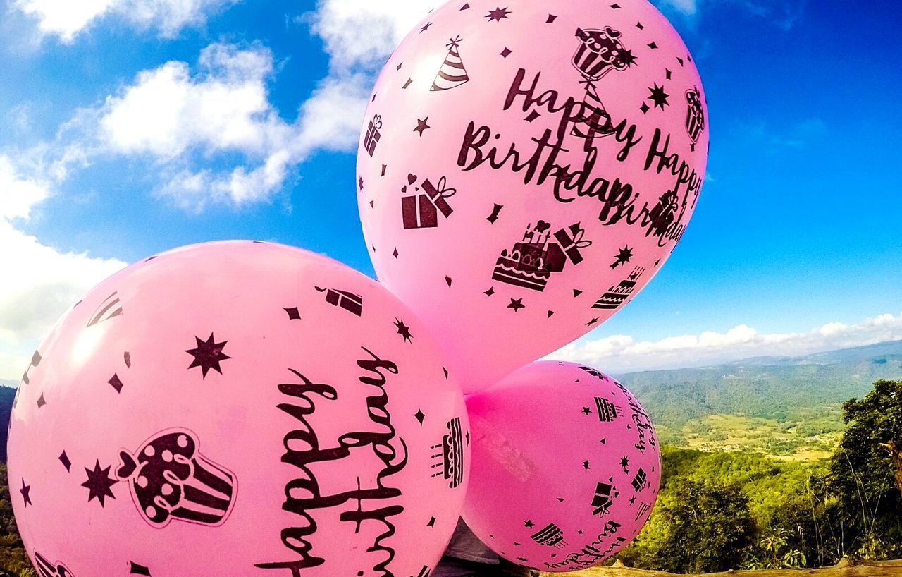 Close-up of birthday text on pink balloons against sky