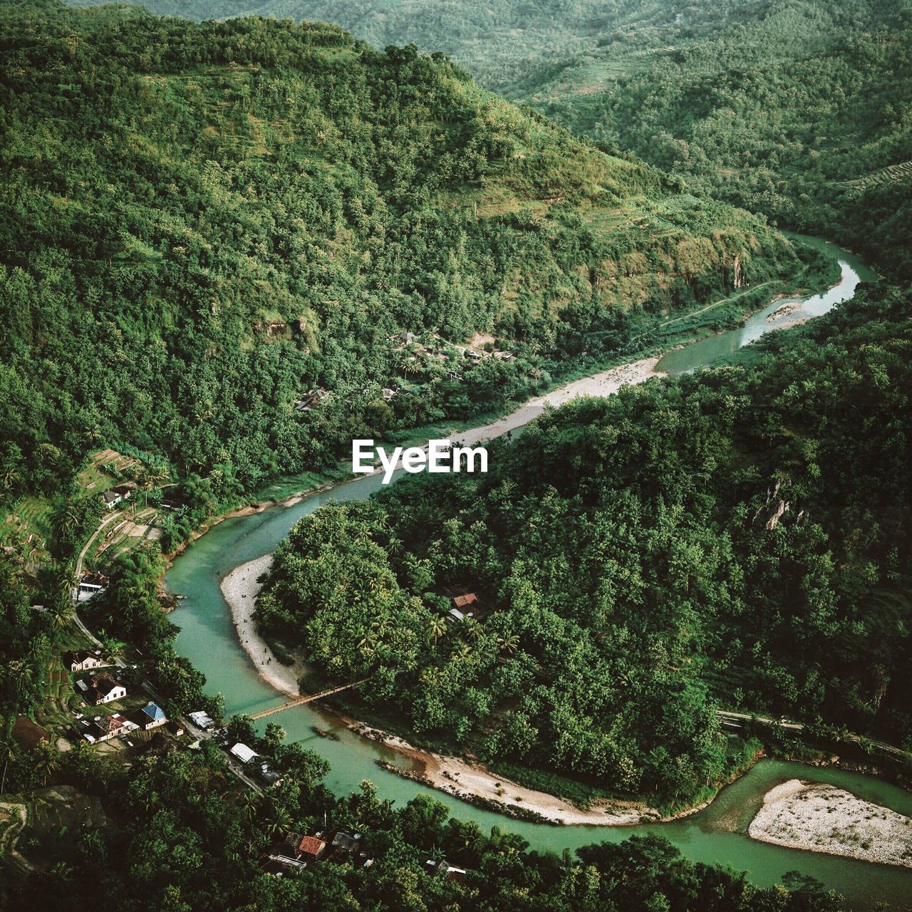 High angle view of river amidst trees in village