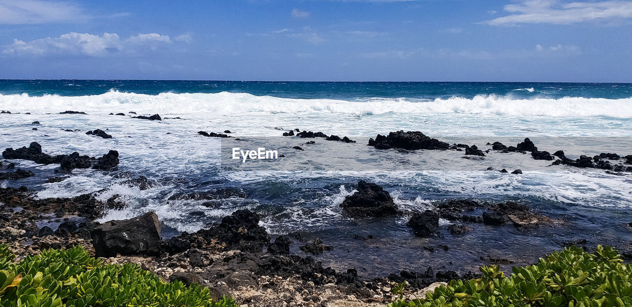 Scenic view of sea against sky, rocky coast of oahu, hawaii