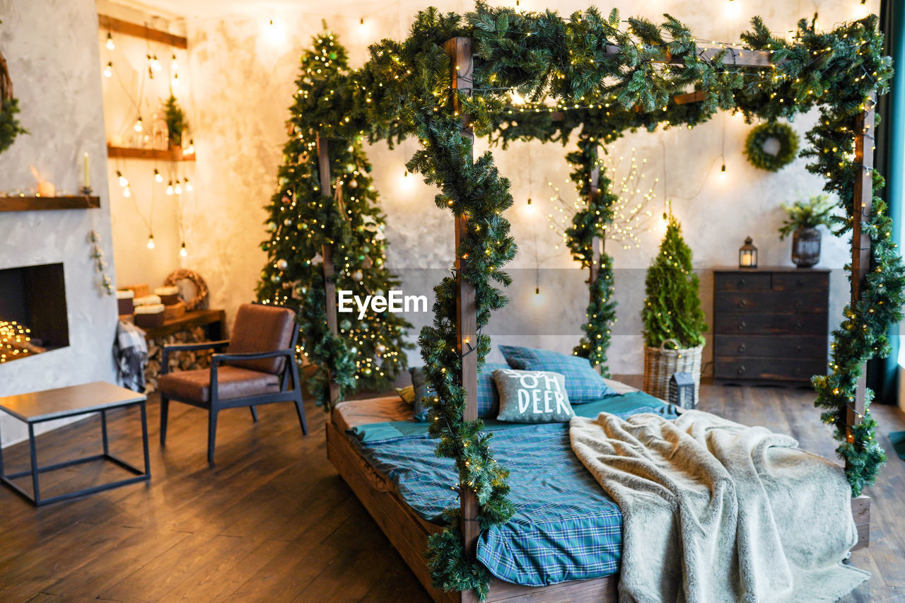 View of decorated bed at home during christmas