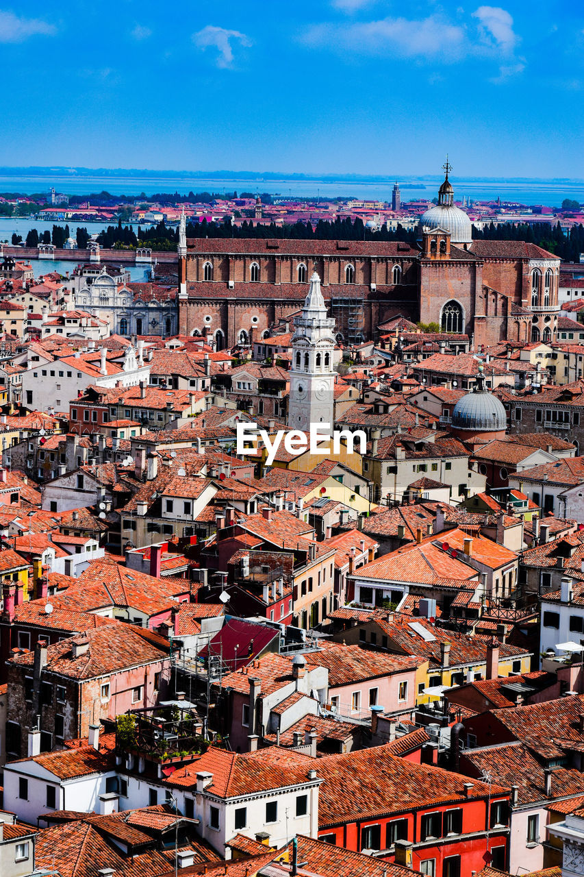 High angle view of buildings in city