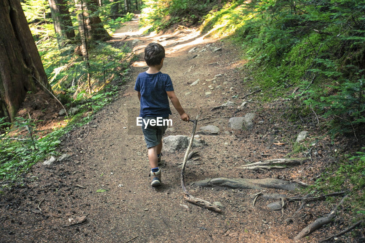 Boy walking on a nature trail with a stick