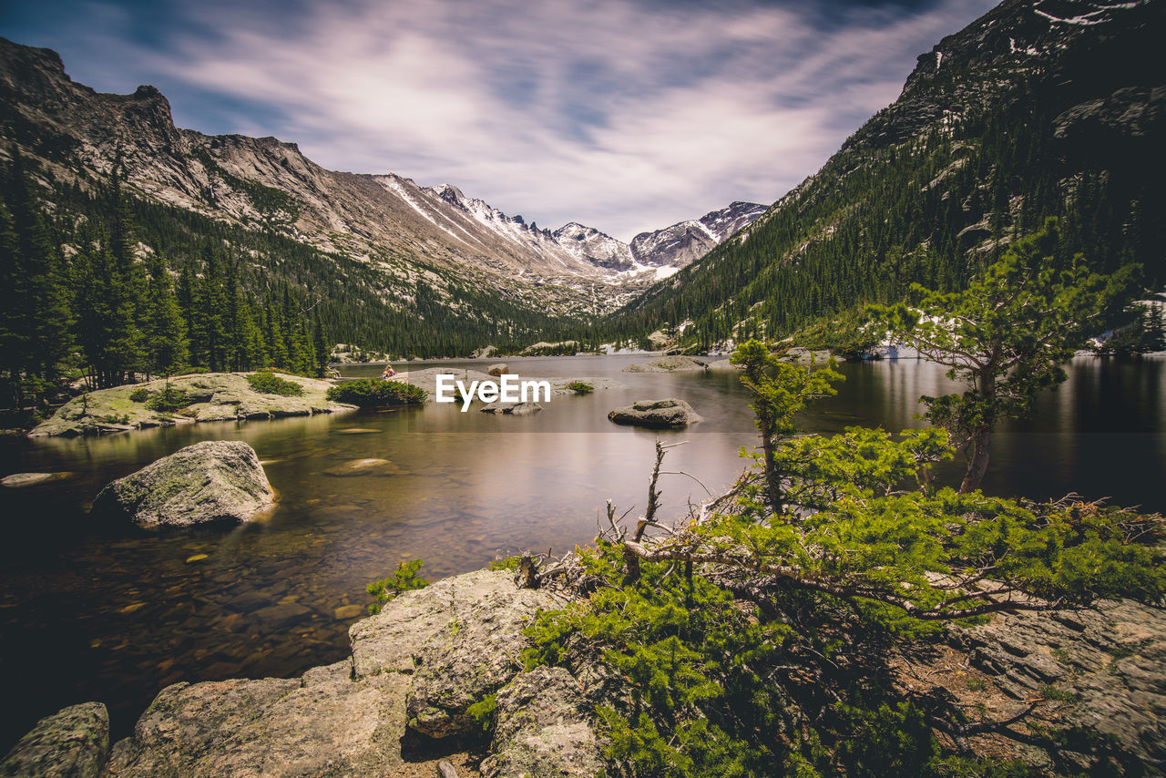 Scenic view of lake and mountains against sky