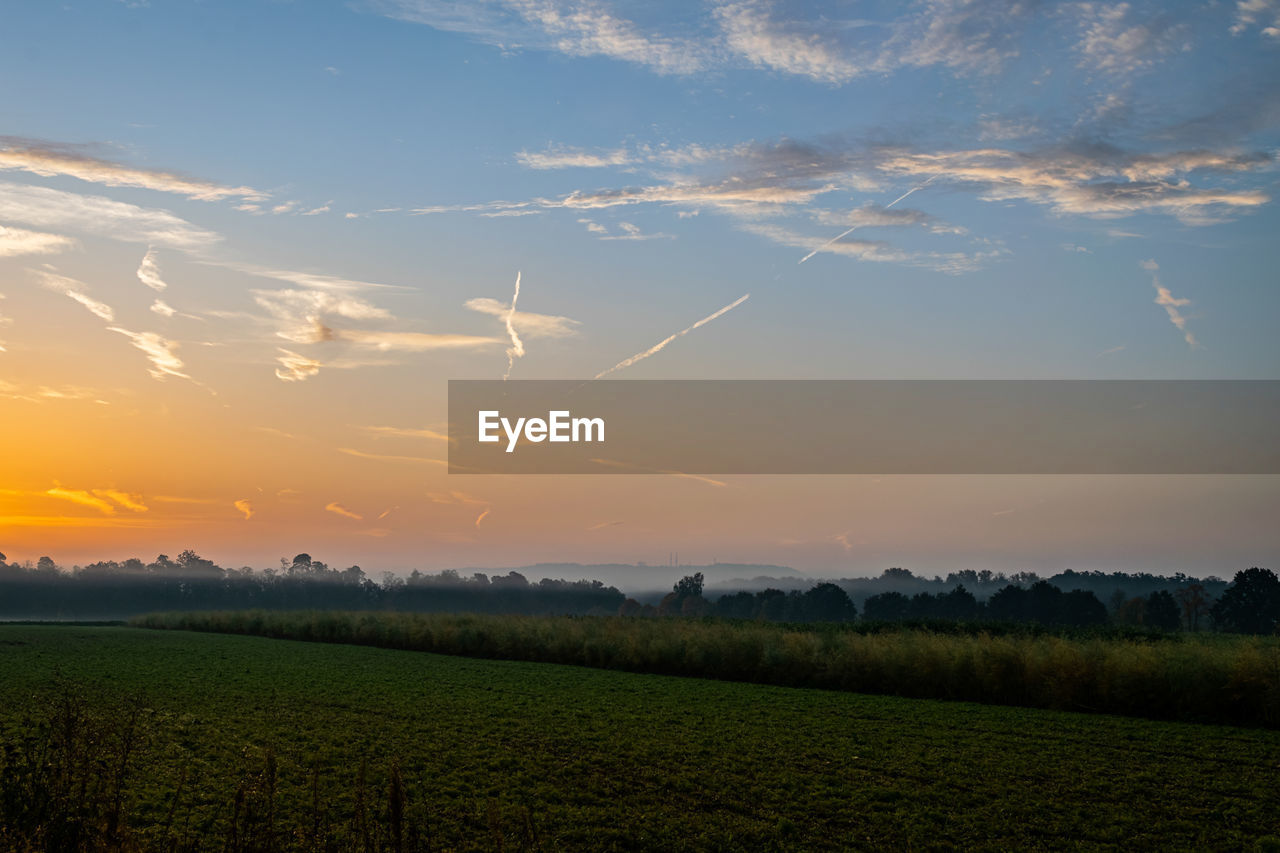 SCENIC VIEW OF AGRICULTURAL FIELD AGAINST SKY DURING SUNSET