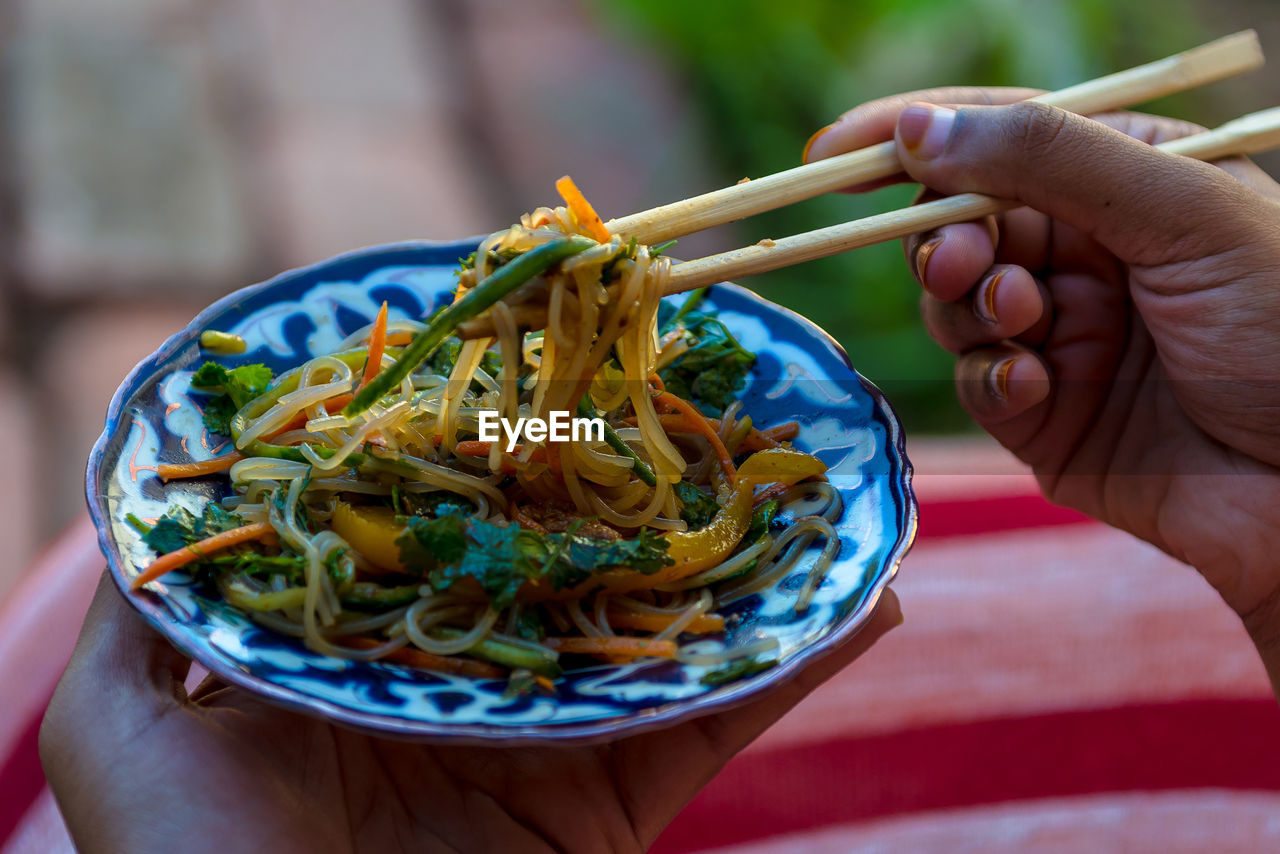 Midsection of person holding asian noodle salad