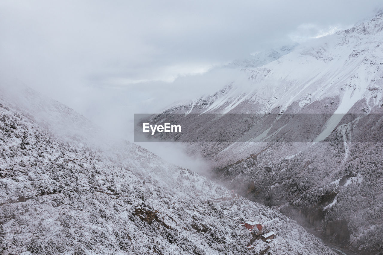 aerial view of snow covered mountain against sky