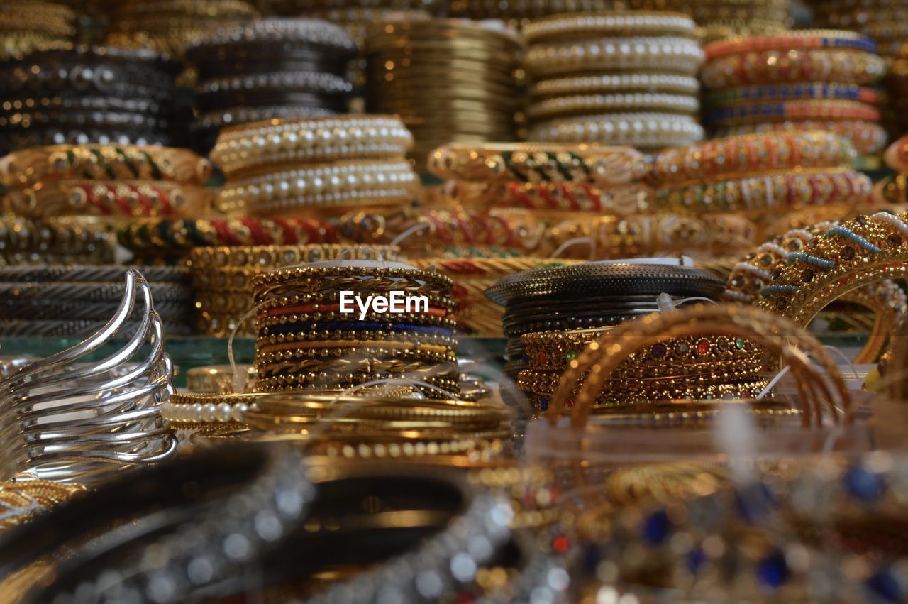 Close-up of bangles for sale