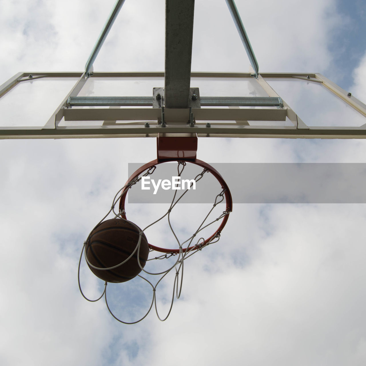 DIRECTLY BELOW VIEW OF BASKETBALL HOOP AGAINST SKY