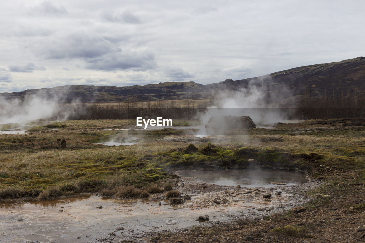 Lanscape of the geothermal area of geysir with fumaroles