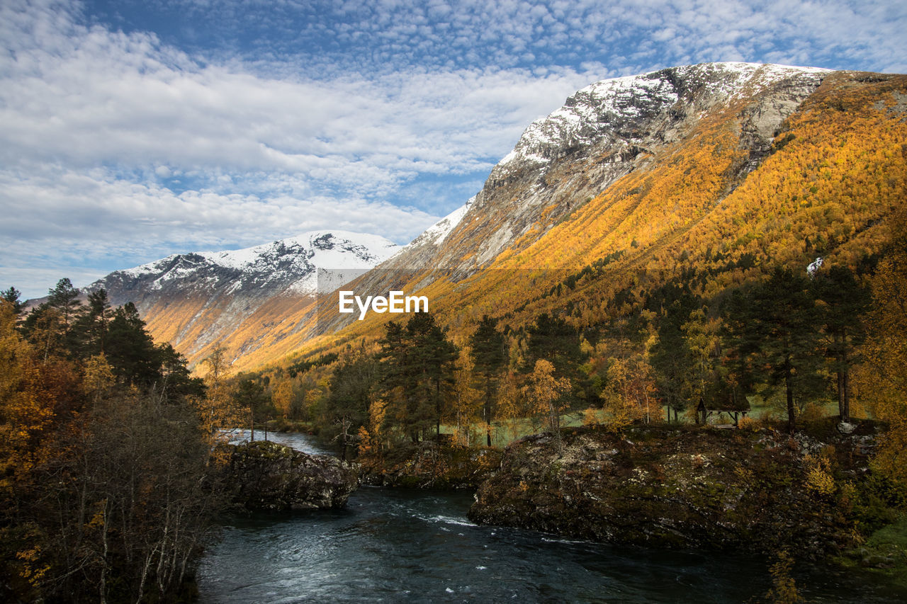 Scenic view of river amidst trees against sky during autumn