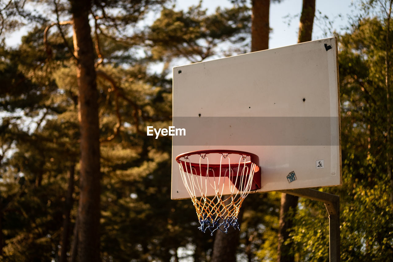 LOW ANGLE VIEW OF BASKETBALL COURT AGAINST TREES