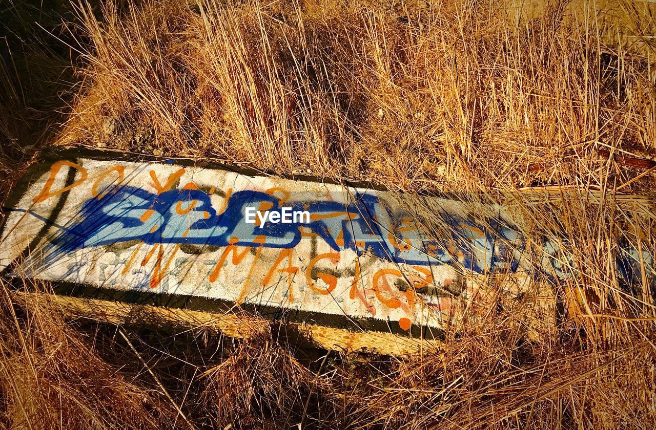 CLOSE-UP OF TEXT ON GRASS FIELD