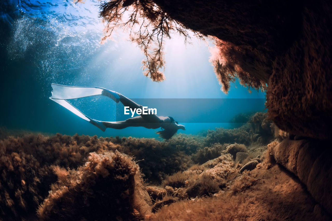 low angle view of woman swimming in sea