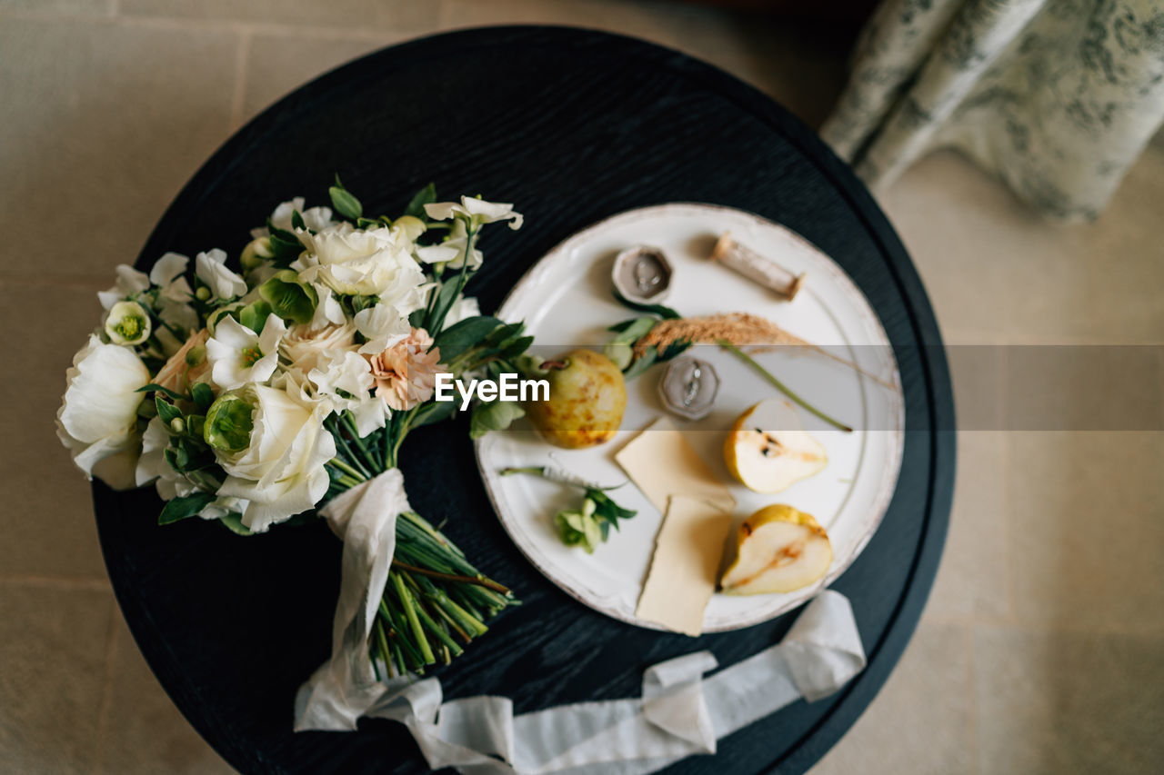 High angle view of flower bouquet on table