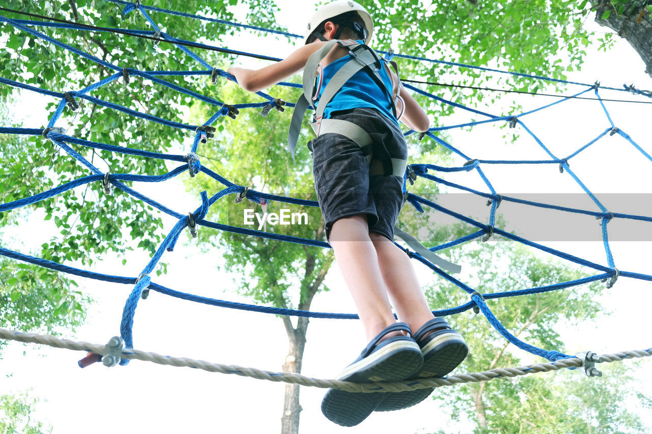 Child boy having summer fun at adventure park on the zip line. balance beam and rope bridges