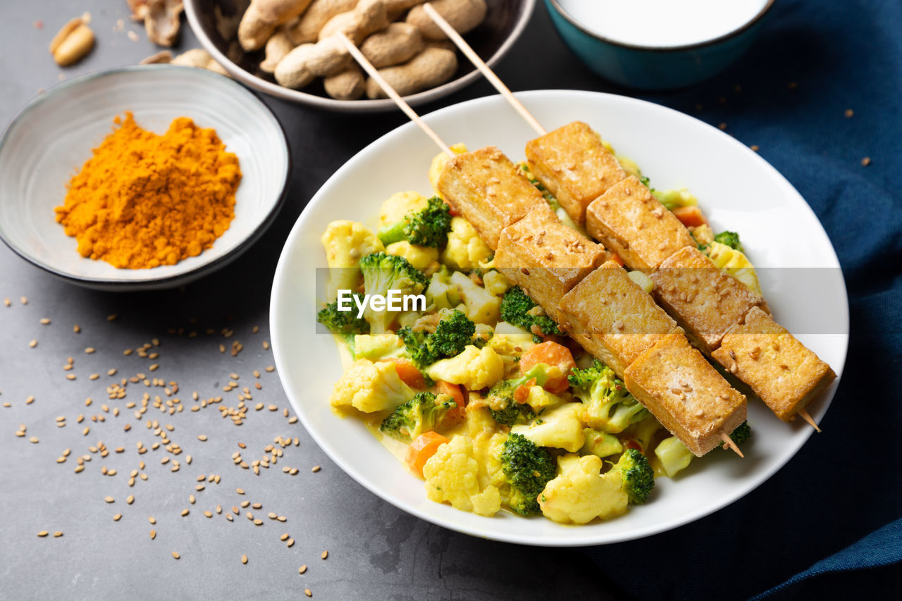 High angle view of food in bowls on table