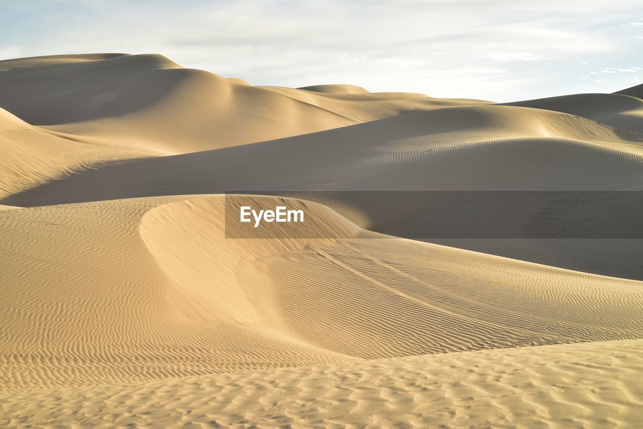 Scenic view of sand dunes at beach against sky