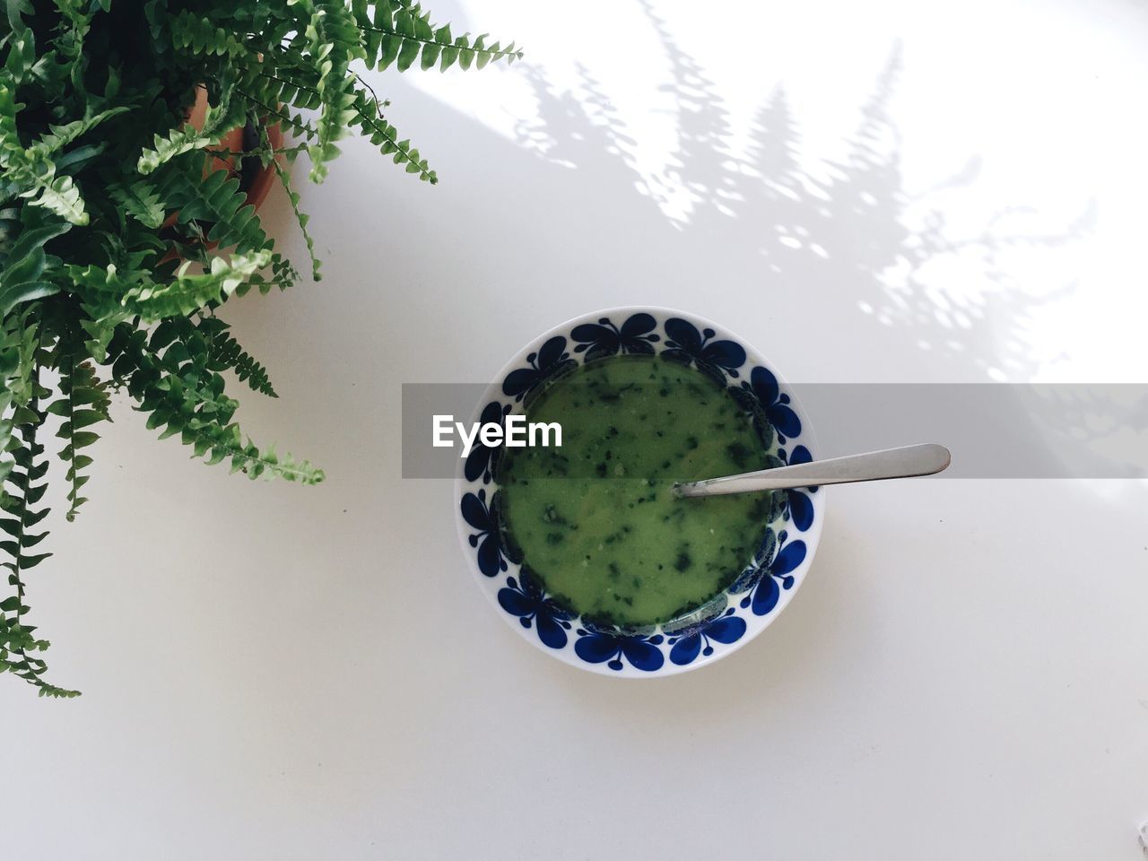 Directly above view of healthy green soup on white table