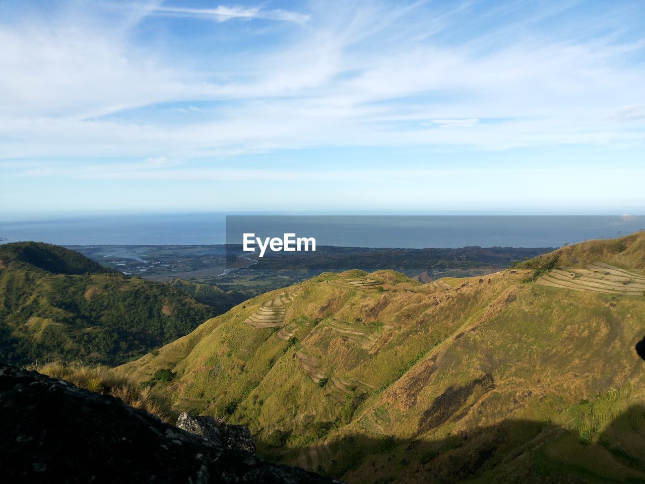 Scenic view of landscape and sea against sky