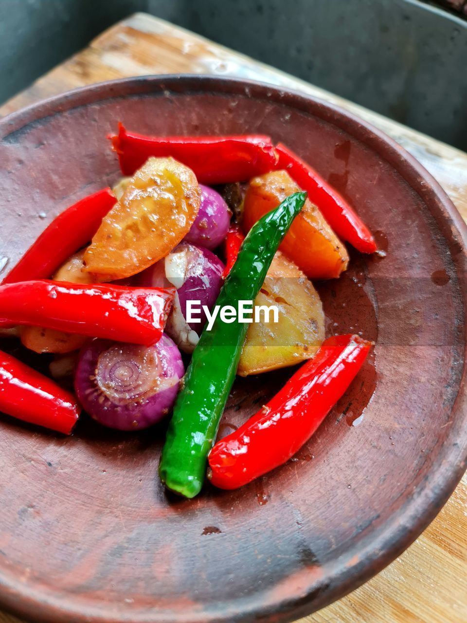 High angle view of fruits in bowl on table