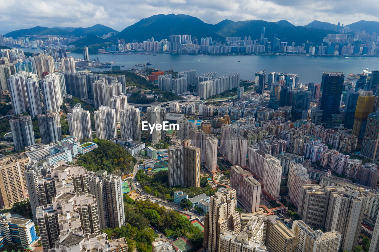 High angle view of city buildings