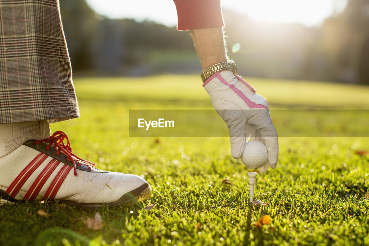 Cropped image of senior woman placing golf ball on tee