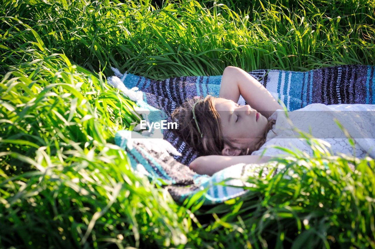 High angle view of girl sleeping on blanket amidst plants