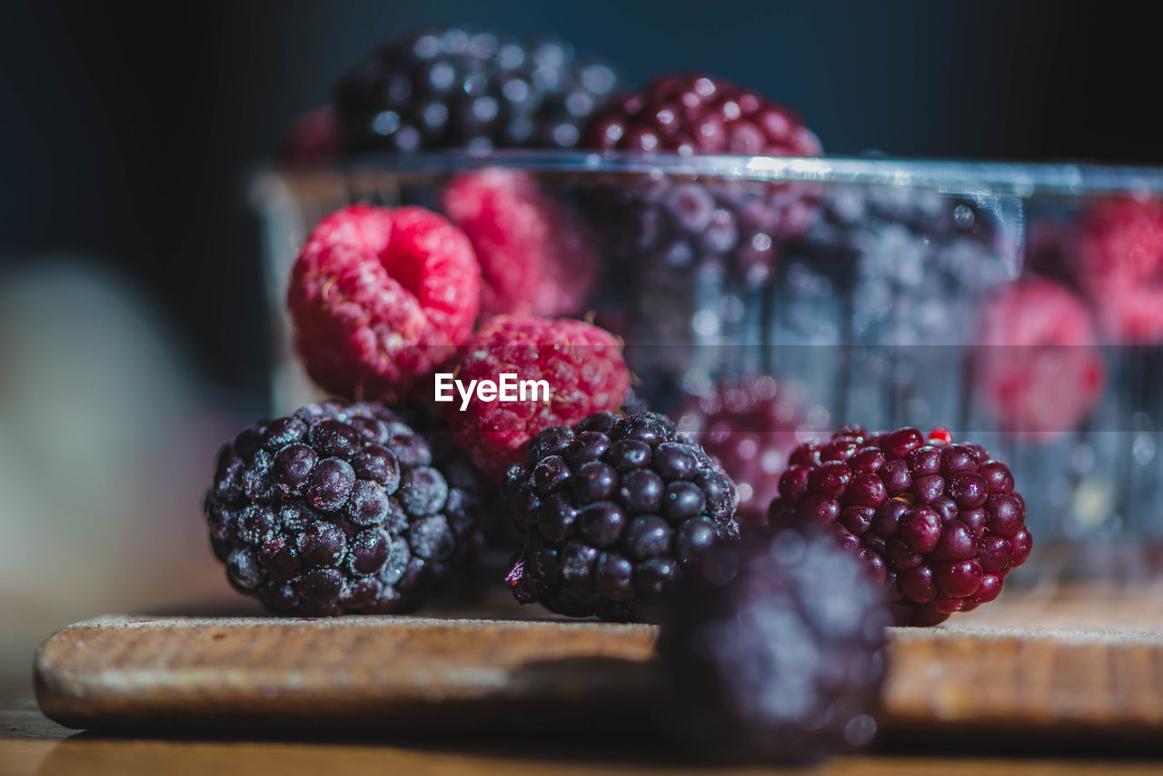 Close-up of raspberries on table