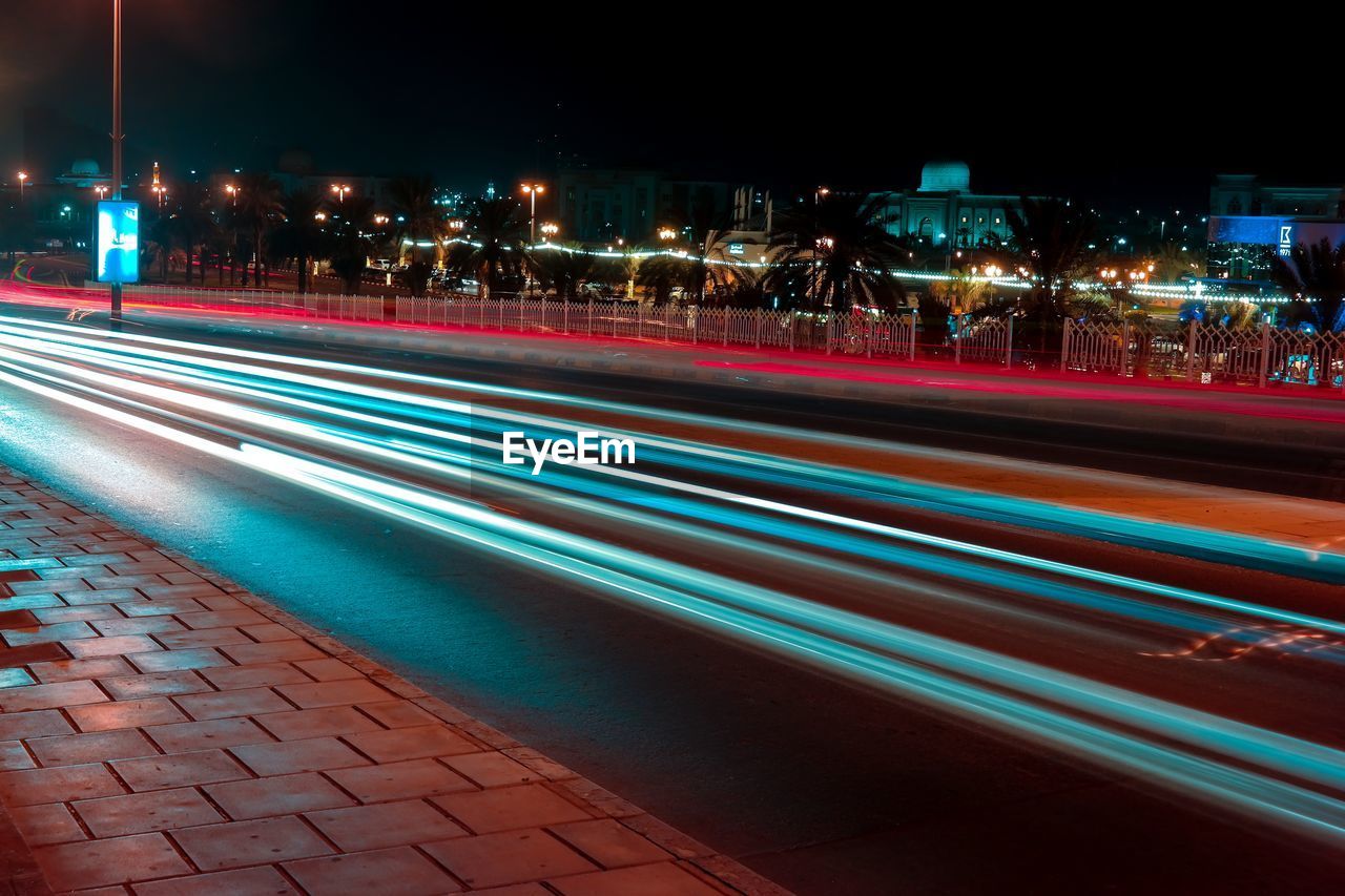 Light trails on road at night