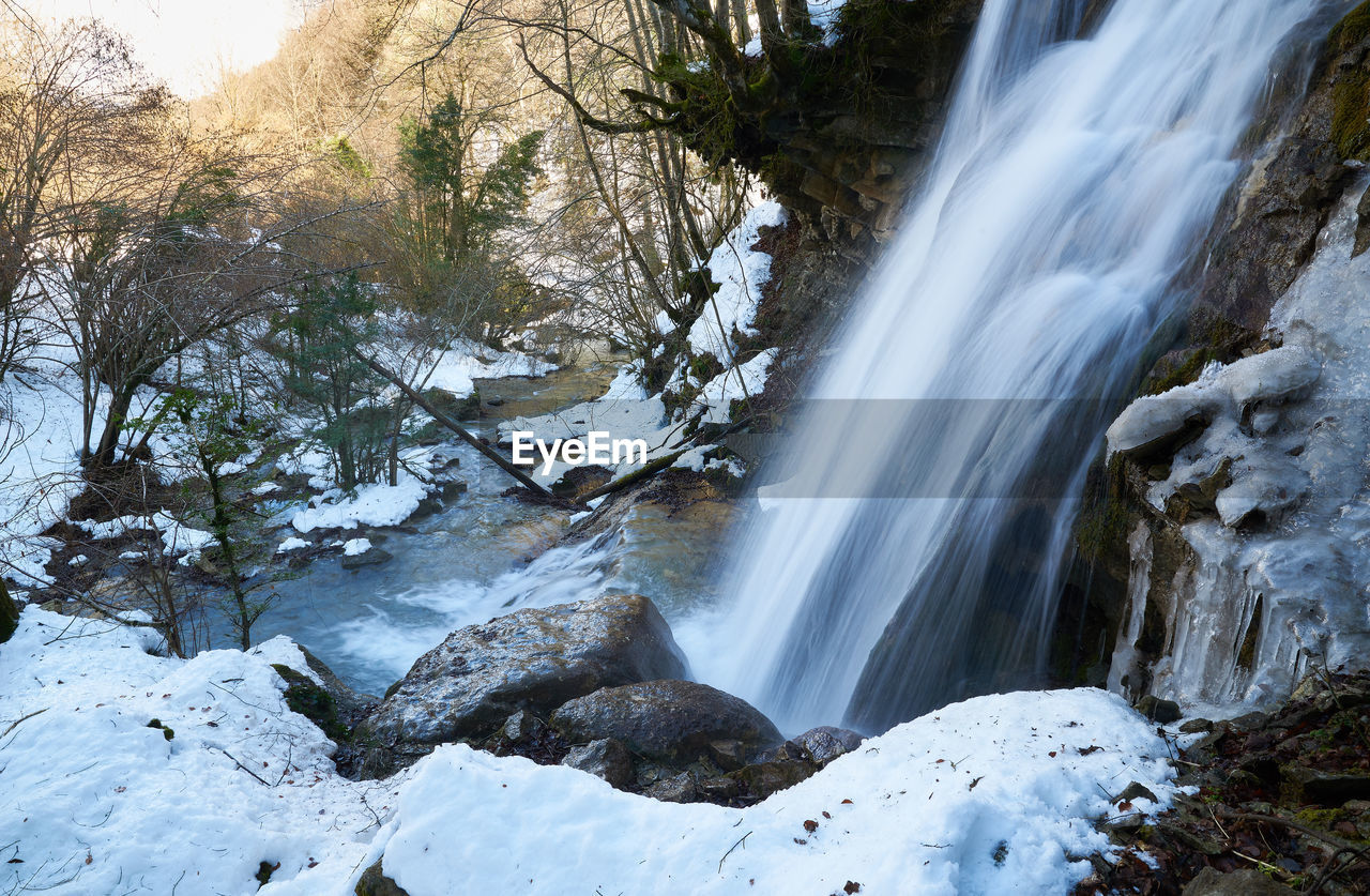 Snowy waterfall side view