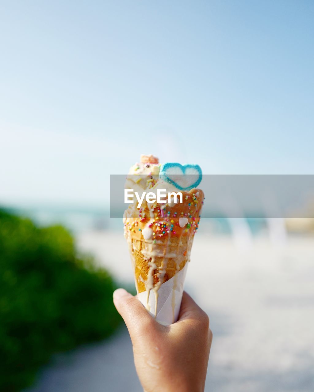 Happy scoop ice cream with the sea background.