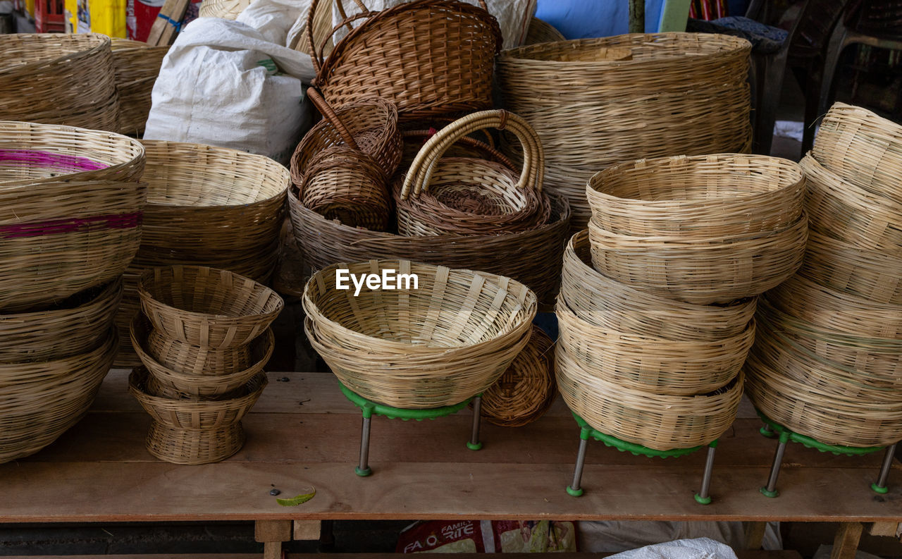 Traditional bamboo basket kept for sell on festival at outdoor from flat angle