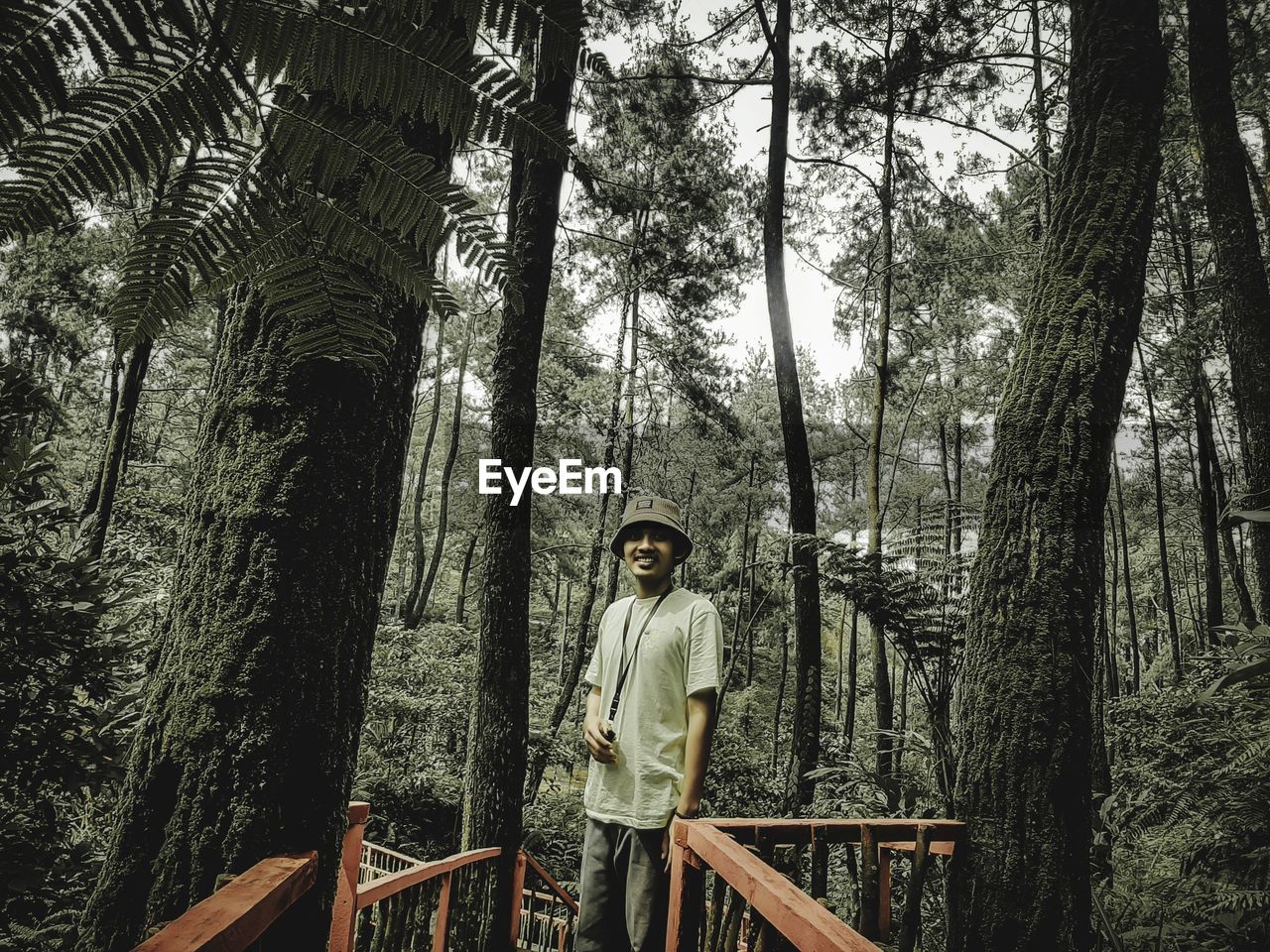 MAN STANDING BY TREE IN FOREST