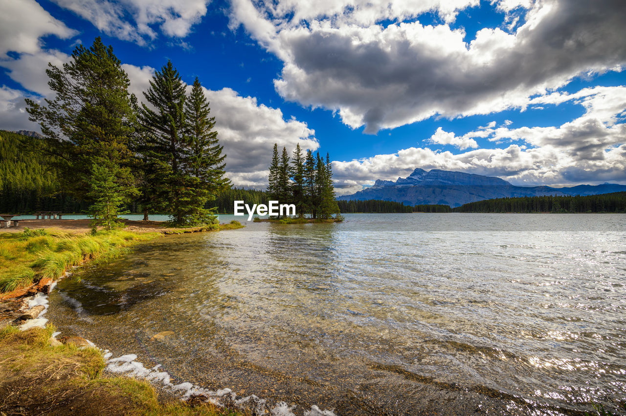 scenic view of lake against cloudy sky