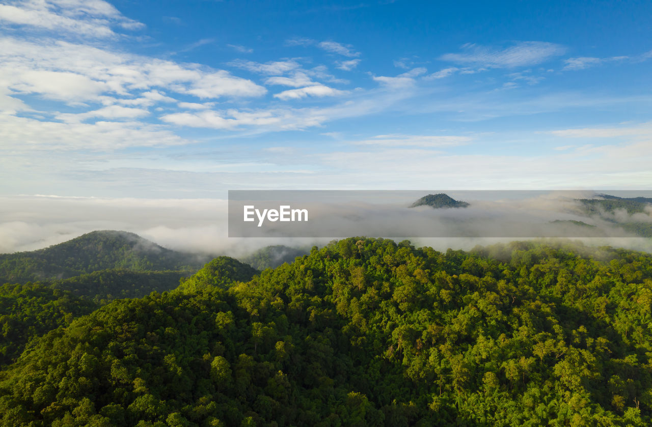 Aerial view beautiful of morning scenery sea of cloud and the fog flows on high mountains.