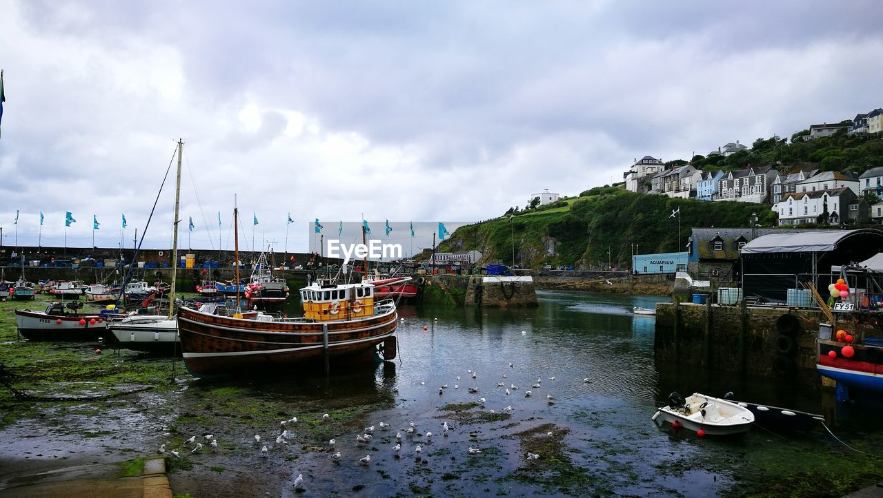 Boats moored at harbor against sky