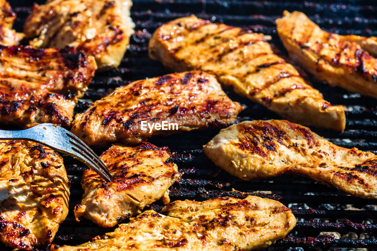 HIGH ANGLE VIEW OF MEAT IN BARBECUE