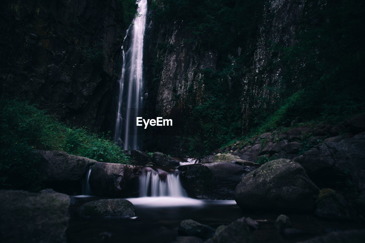 WATER FLOWING THROUGH ROCKS IN FOREST