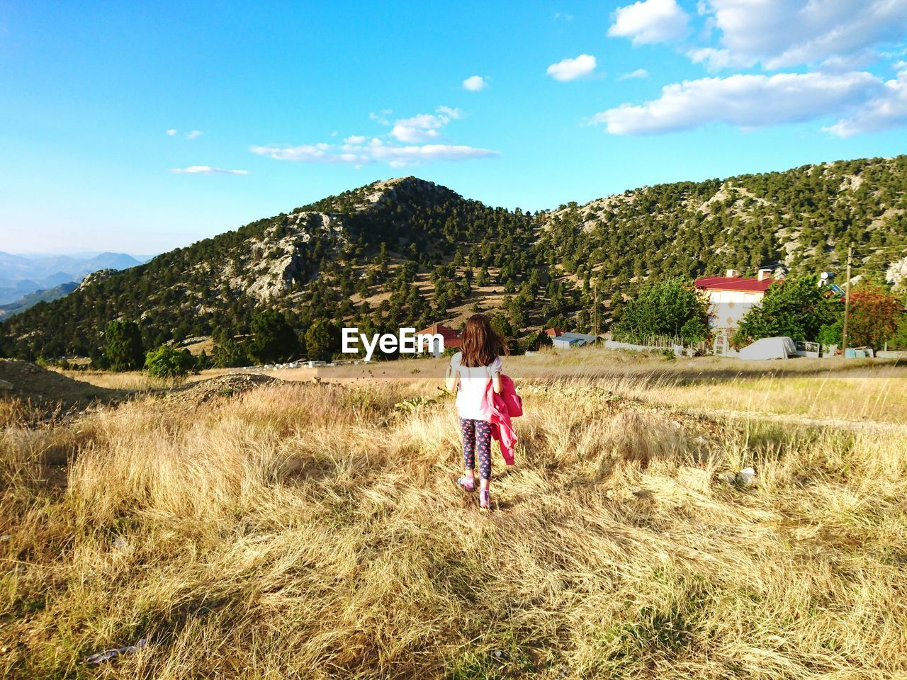 Full length rear view of girl standing on landscape against sky