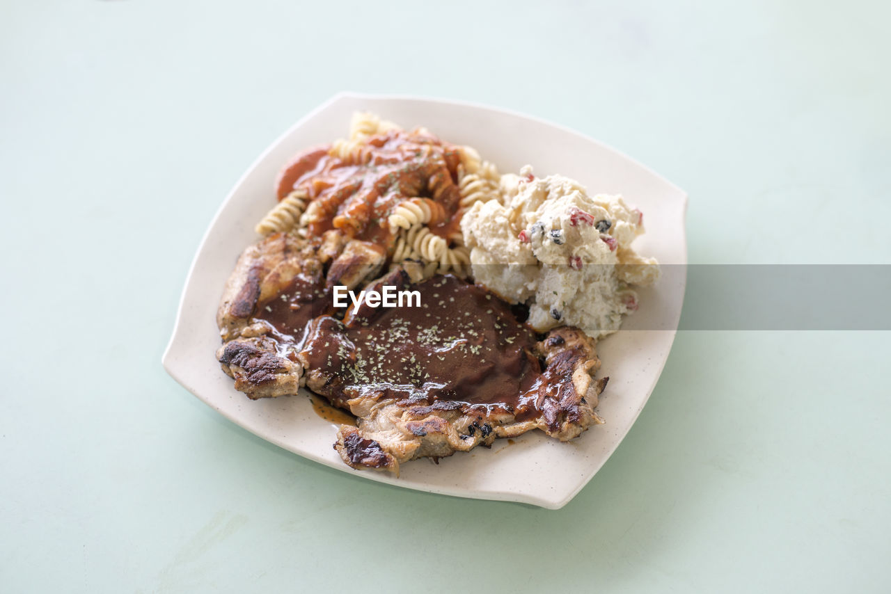 High angle view of food served in plate