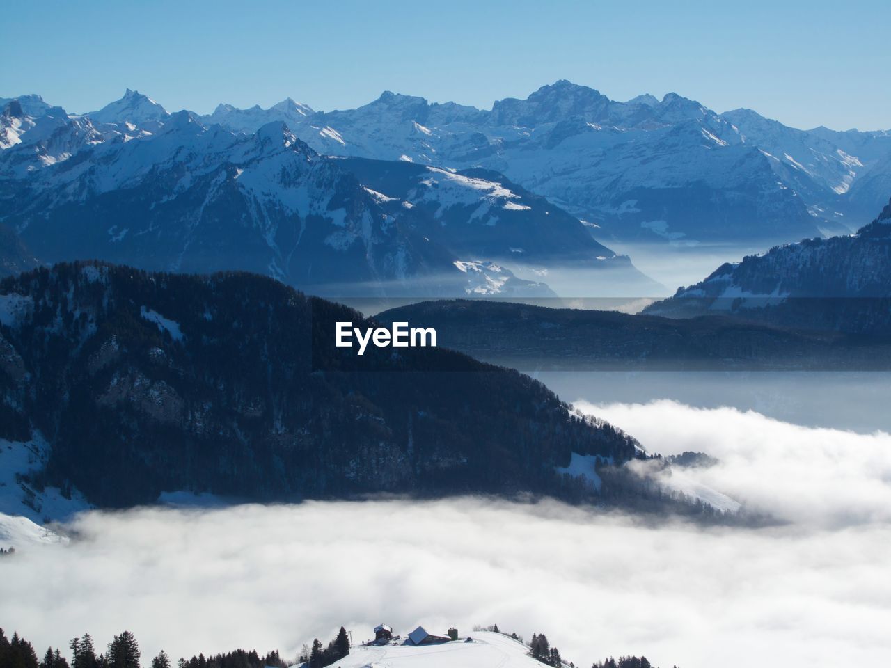 Scenic view of mountains against sky during winter