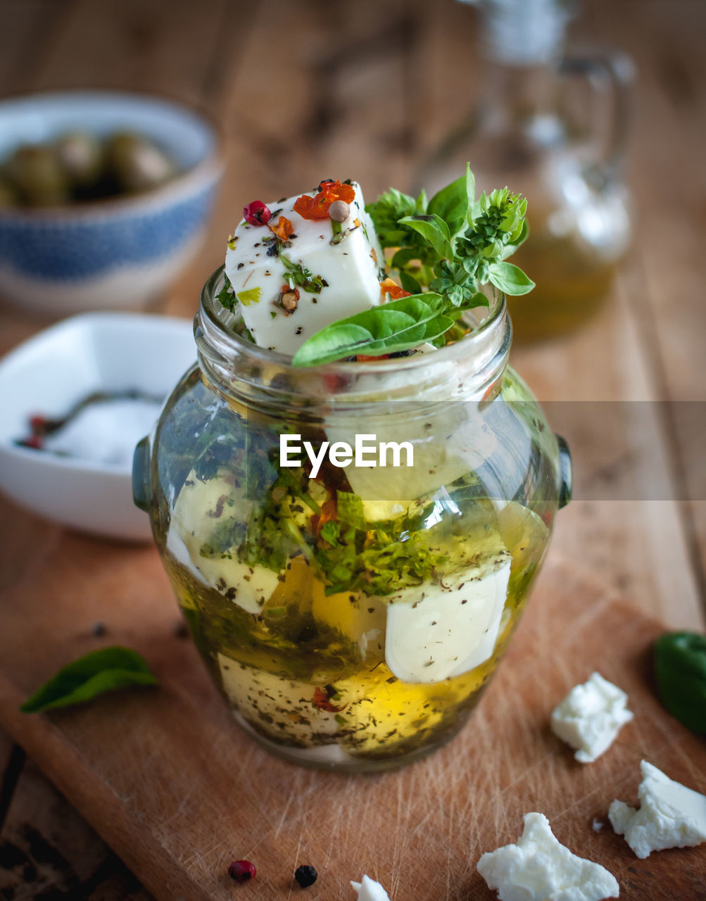 food and drink, food, wood, healthy eating, herb, dish, freshness, wellbeing, spice, jar, produce, vegetable, fruit, no people, plant, meal, indoors, glass, basil, leaf, cuisine, studio shot, container, dairy, rustic, table, mint leaf - culinary, garnish