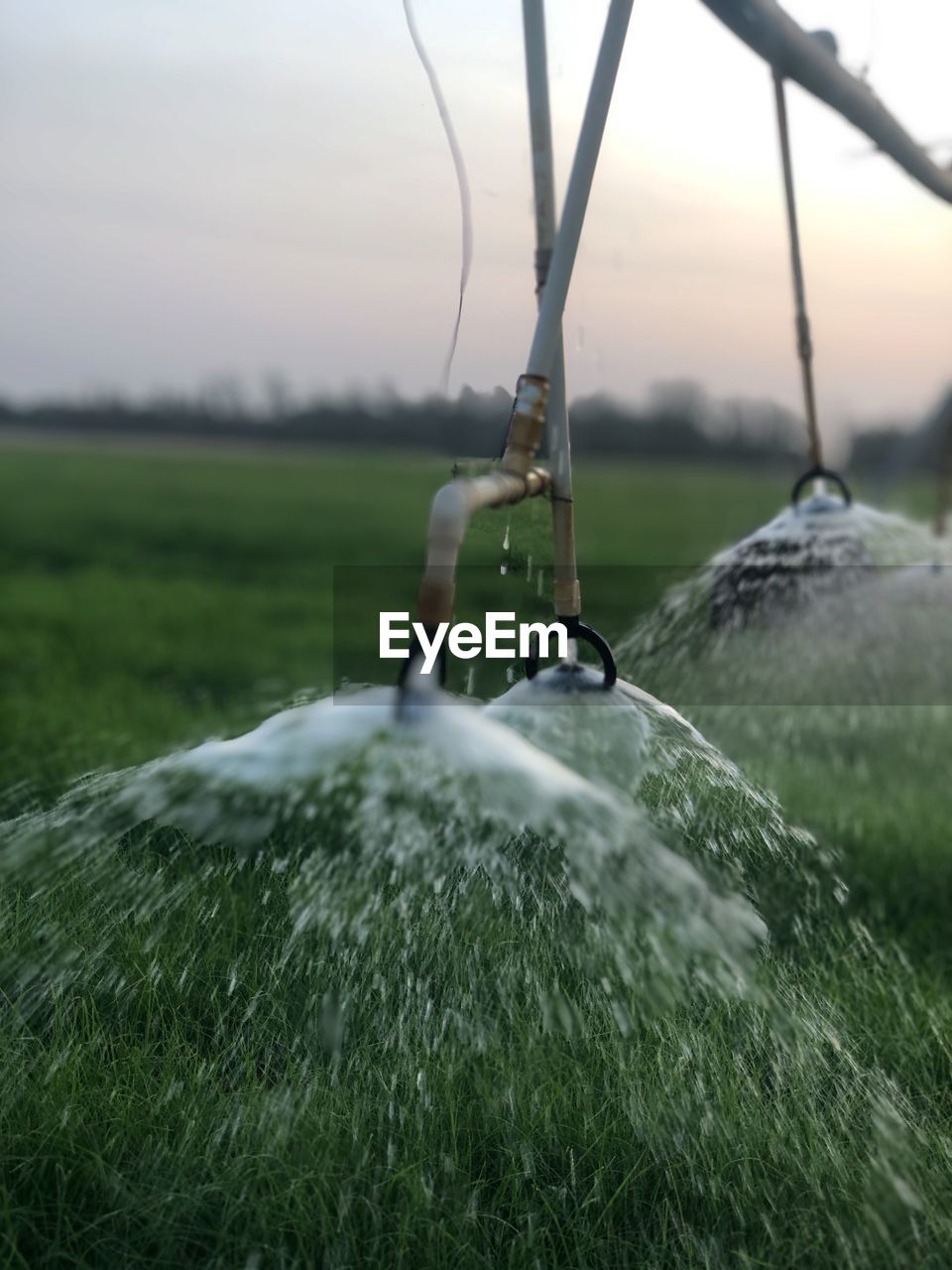 Close-up of water splashing on field against sky