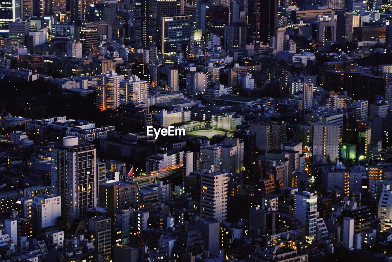 High angle view of modern buildings in city