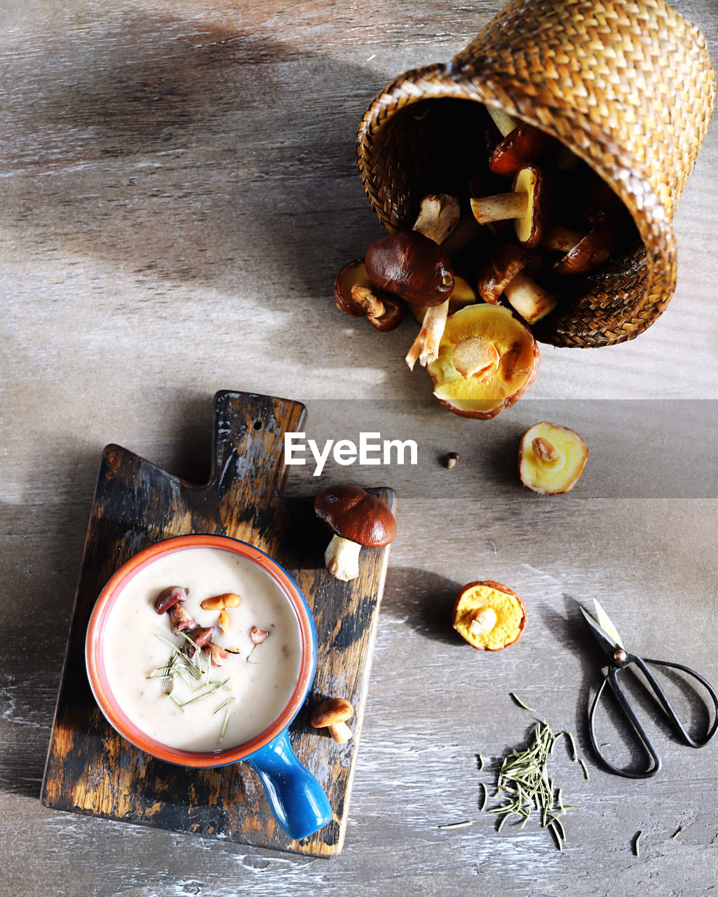 high angle view of food on wooden table