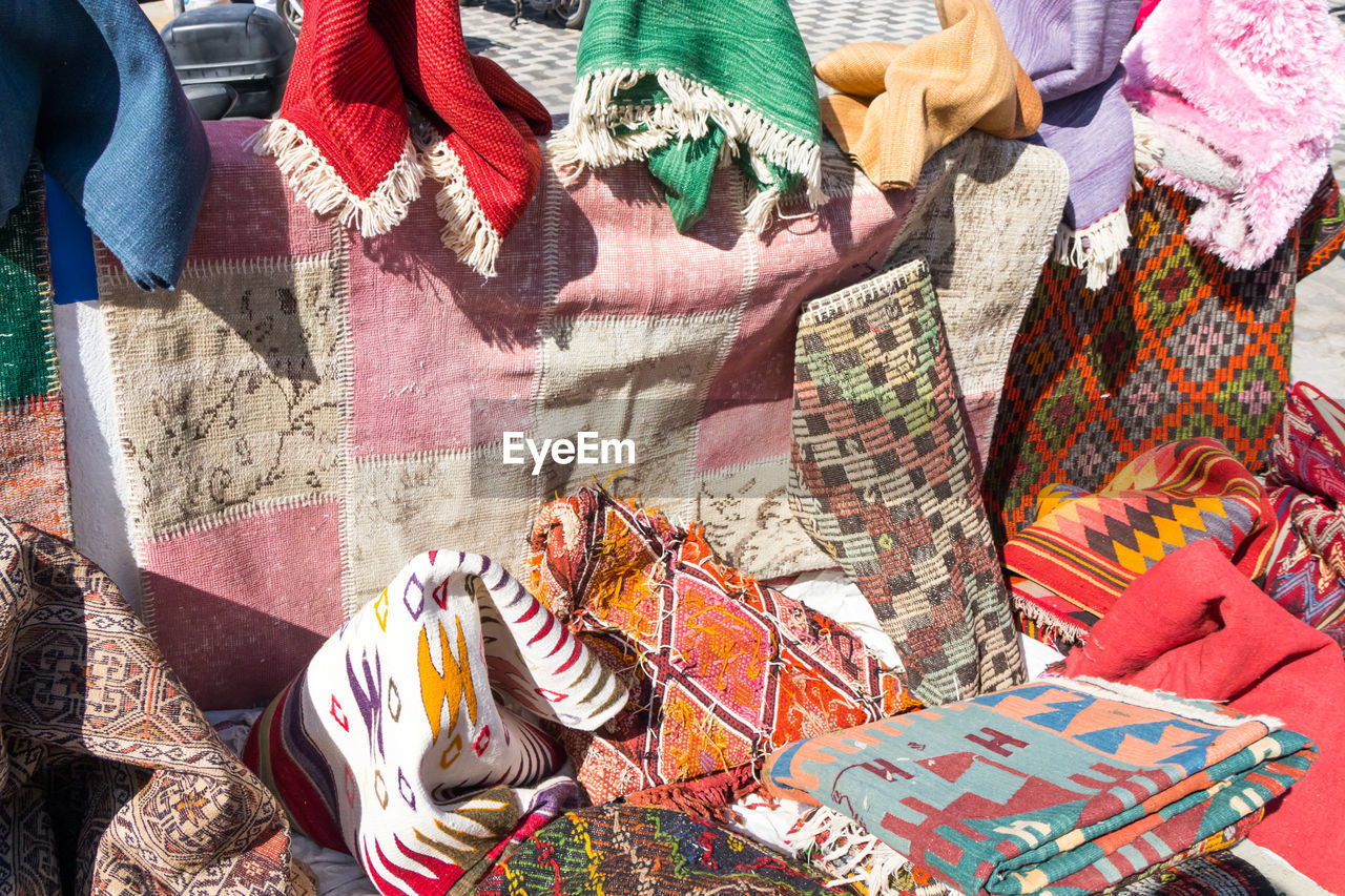 Full frame shot of various shawls for sale